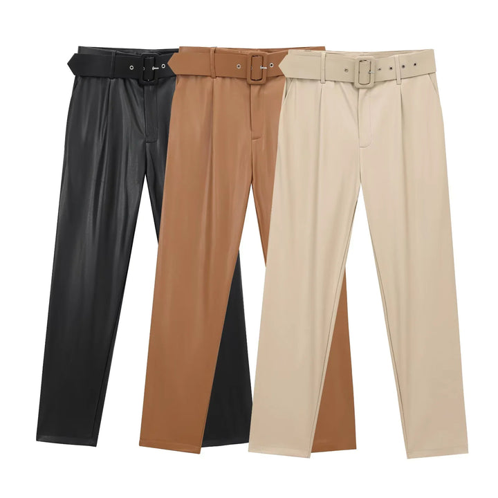 Damen nan taillierte Highwaist-Hose mit Bundfalten, schmal zulaufendem Bein und breitem Ziergürtel Drune