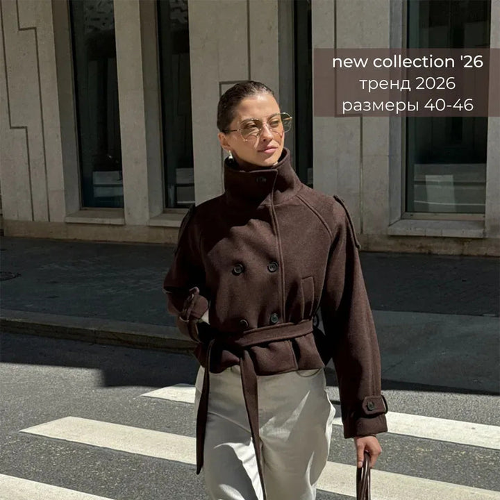 Damen Kurz geschnittene Wollmix-Jacke mit hohem Stehkragen und Taillengürtel Drune