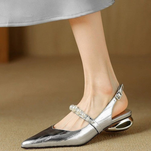 Damen spitze Slingback‑Mules mit Perlenriemen und skulpturalem Absatz Drune