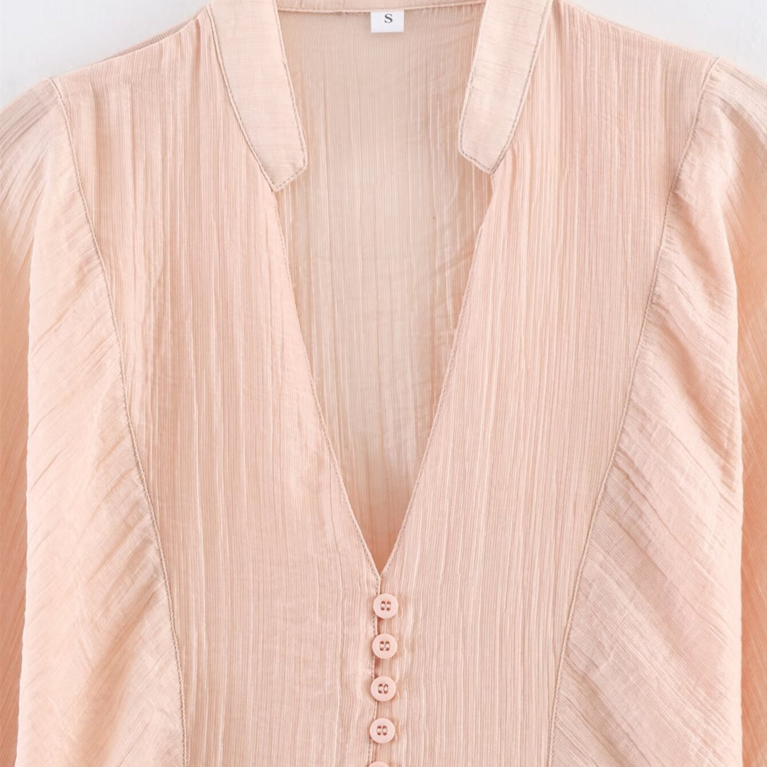 Damen elegante Bluse mit tiefem V-Ausschnitt und strukturierten Ärmeln Drune