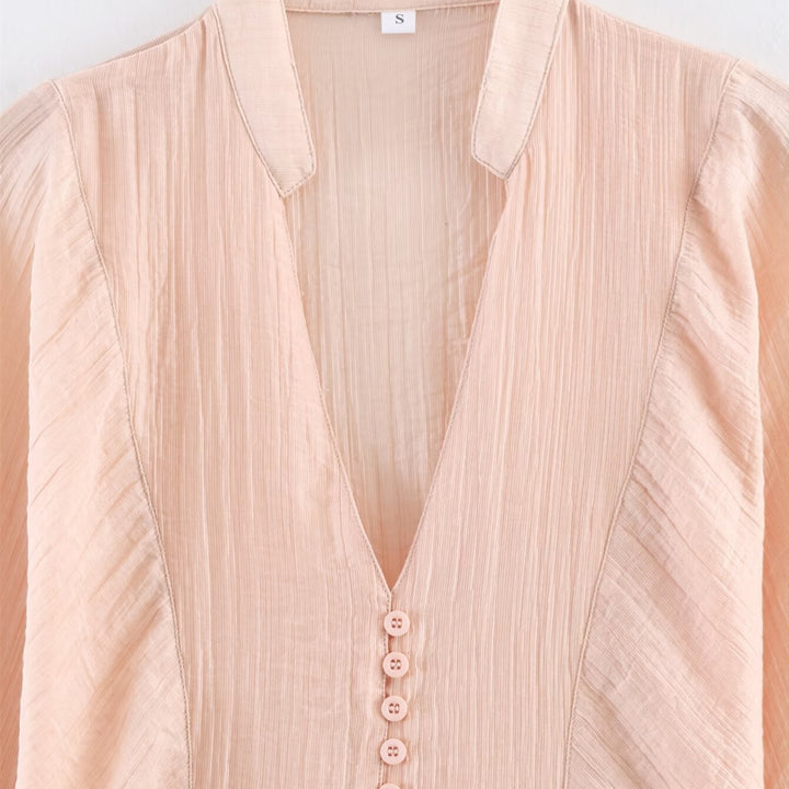 Damen elegante Bluse mit tiefem V-Ausschnitt und strukturierten Ärmeln Drune