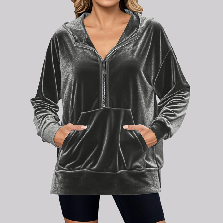 Damen Lässiger Velvet Hoodie mit praktischem Reißverschluss und Kängurutasche Drune