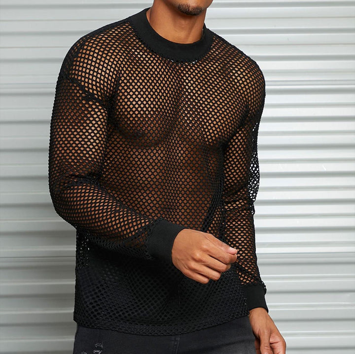 Herren nan transparentes Netz-Langarmshirt mit Rundhals und gerippten Bündchen Drune