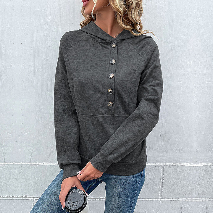 Damen Kapuzenpullover mit Zierknopfleiste, Raglanärmeln und Kängurutasche Drune