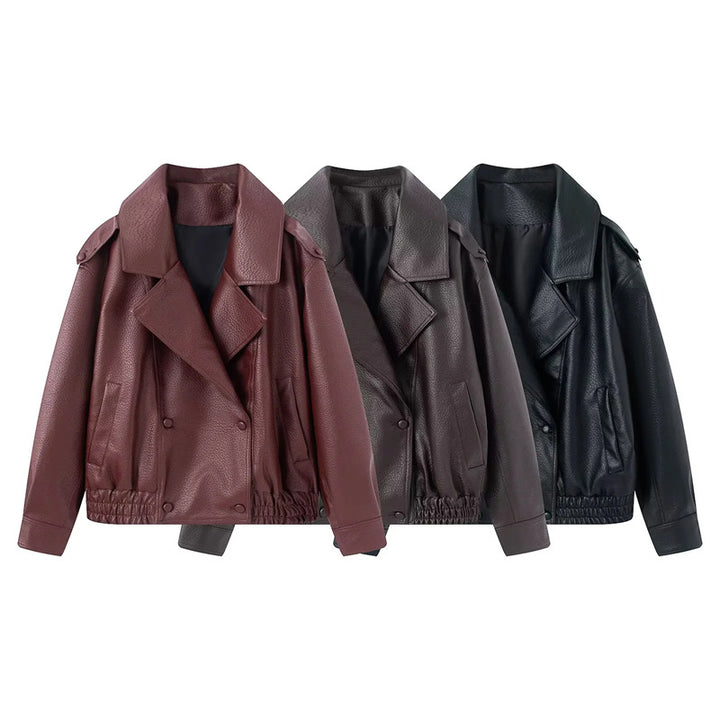 Damen nan kurzer Oversize Kunstleder-Blouson mit Schalkragen, Druckknopf-Doppelreihe und elastischem Saum Drune