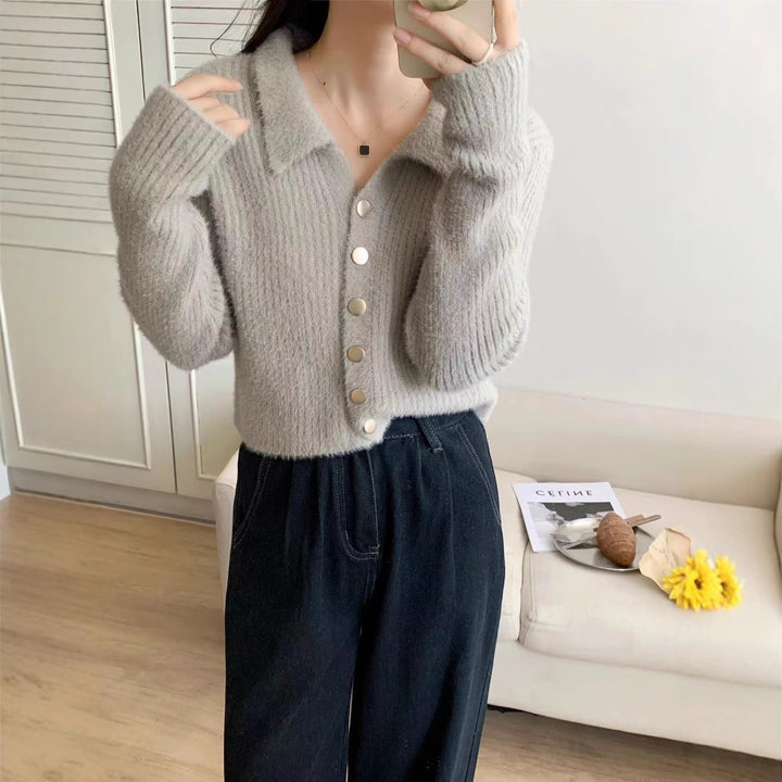 Damen Modische Kurzstrickjacke mit Knopfdetails und V-Ausschnitt Drune