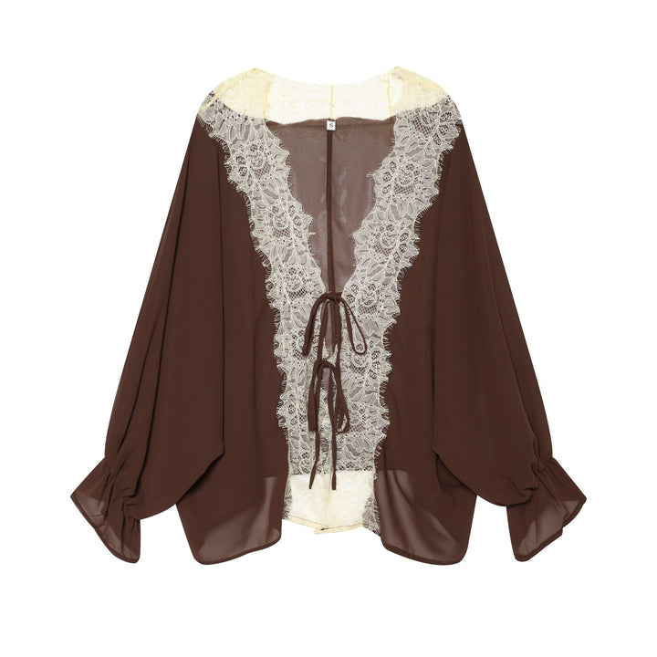 Damen nan Chiffonbluse mit tiefem V-Spitzeinsatz, lockeren Trompetenärmeln und Bindebändern Drune