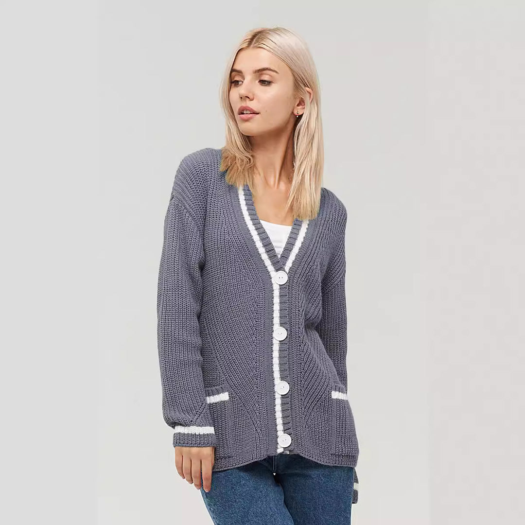 Damen gemütliche Strickjacke mit kontrastierenden Taschen und Knopfdetails Drune