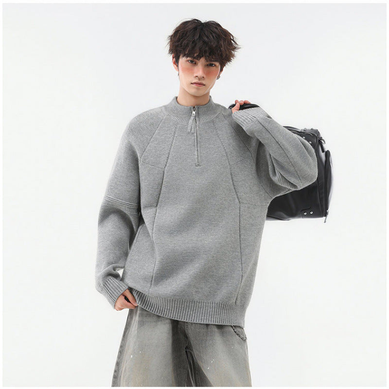 Herren Strick-Halbzip-Pullover mit Stehkragen und strukturierten Rippdetails Drune