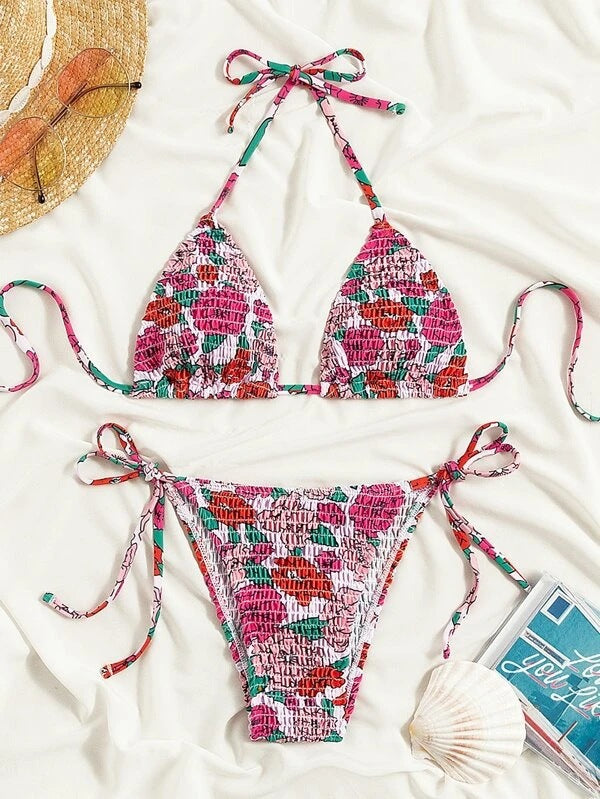 Damen Triangel-Bikini mit floralem Design und verstellbaren Bindebändern Drune