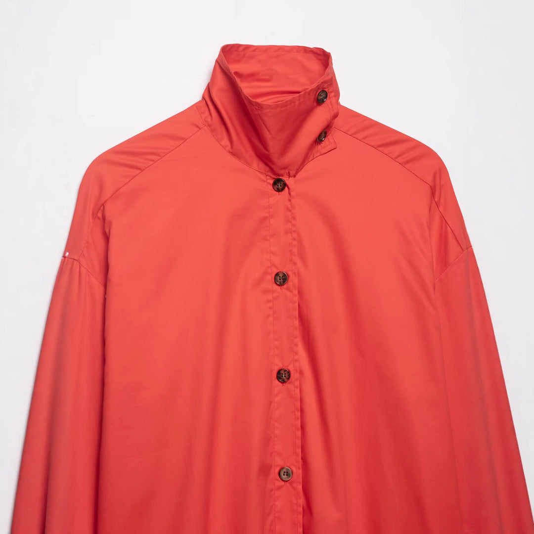 Damen Oversize Hemdjacke mit Stehkragen und durchgehender Knopfleiste Drune