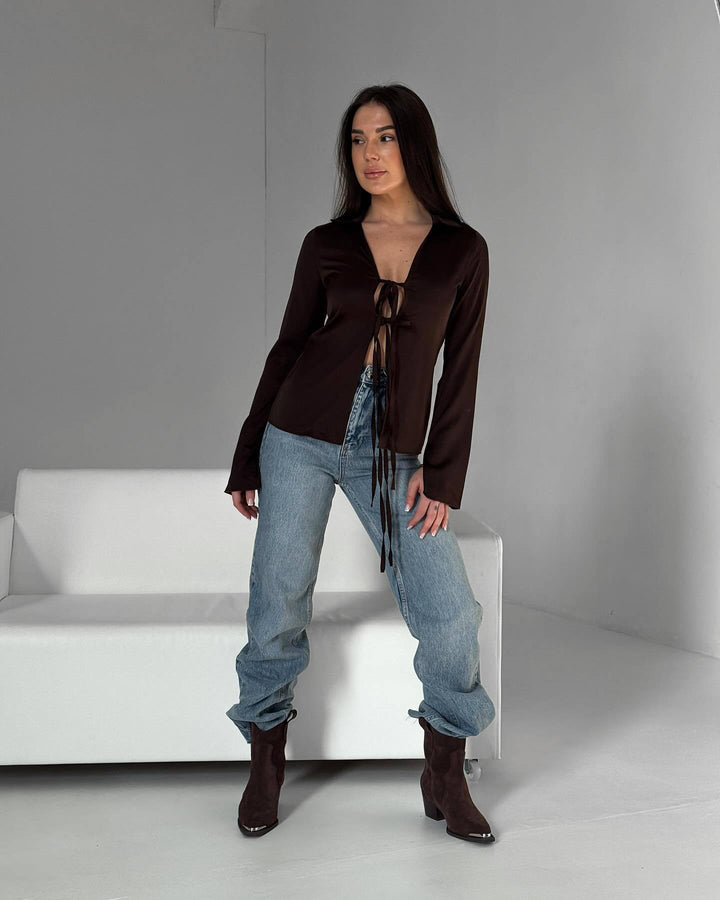 Damen Elegante Bluse mit dekorativem Schnürdetail und weitem Arm Drune
