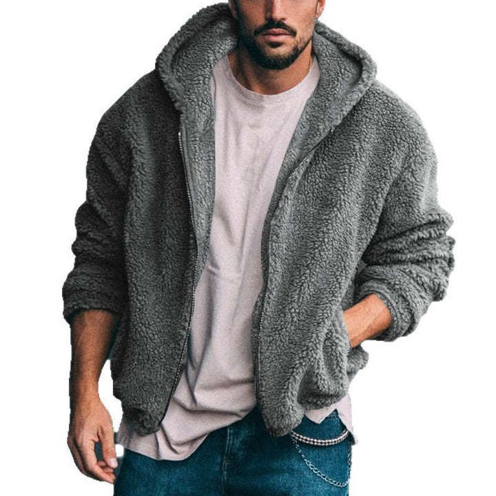 Herren nan Oversized Teddy-Fleece-Kapuzenjacke mit Utility-Ärmeltasche, Frontreißverschluss und elastischem Saum Drune