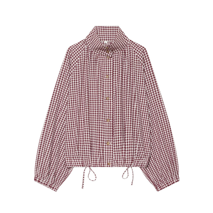 Damen Karierte Cropped‑Bluse mit Stehkragen, Tunnelzugsaum und Ballonärmeln Drune
