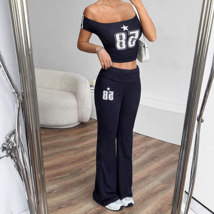 Damen Off-Shoulder Crop-Top und weite Hose Set Drune
