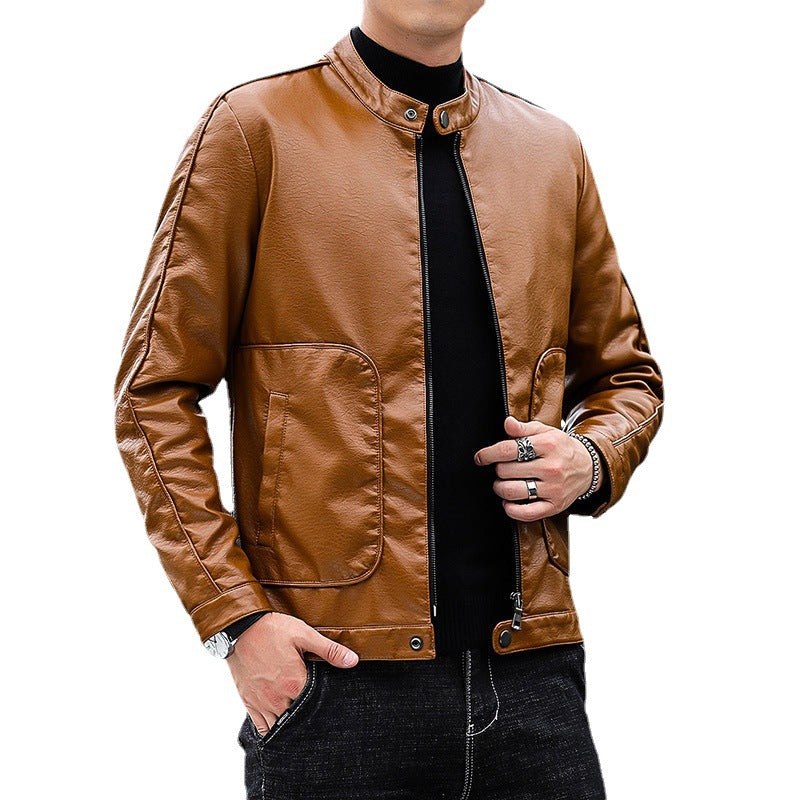 Herren Slim-Fit Kunstlederjacke im Bikerblouson-Stil mit Stehkragen und aufgesetzten Rundtaschen Drune