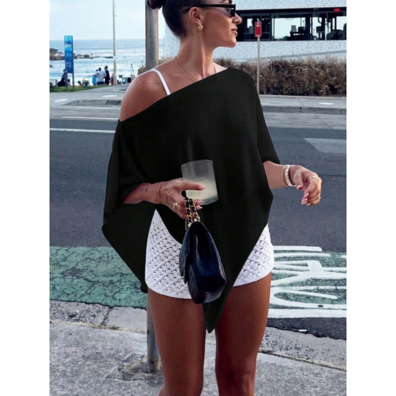 Damen Asymmetrisches Off-Shoulder Poncho-Top aus leichtem Strick Drune