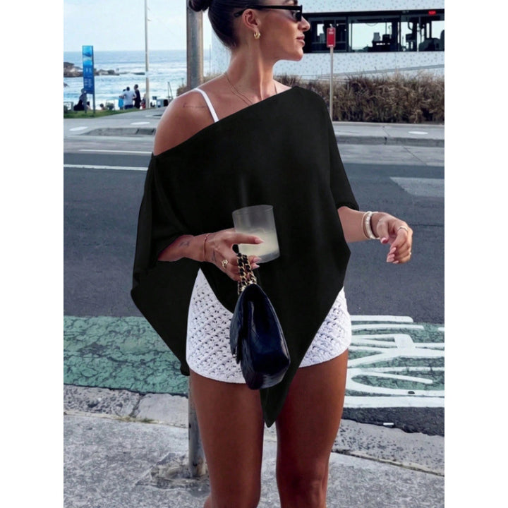 Damen Asymmetrisches Off-Shoulder Poncho-Top aus leichtem Strick Drune