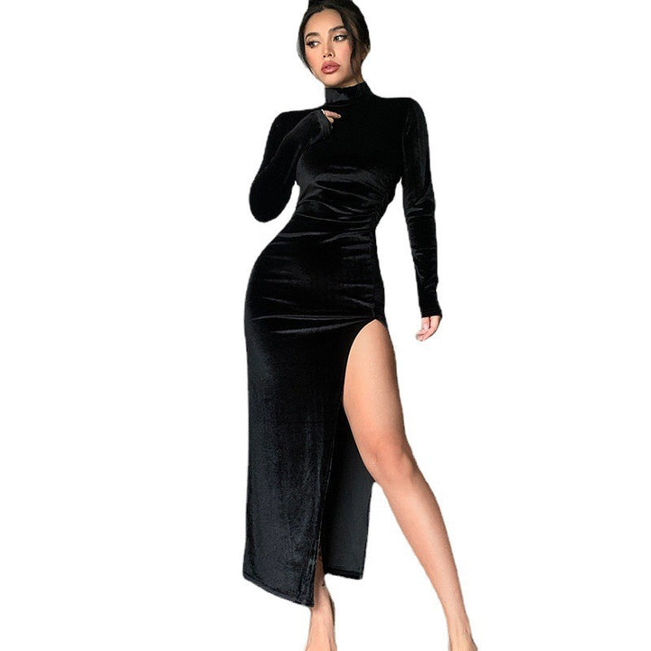 Damen Elegantes Samt-Maxi-Kleid mit hohem Schlitz und Stehkragen Drune