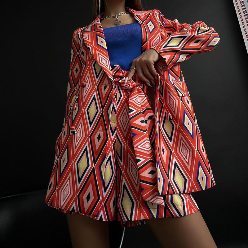 Damen Blazer und Shorts Set mit geometrischem Muster und taillierbarem Gürtel Drune