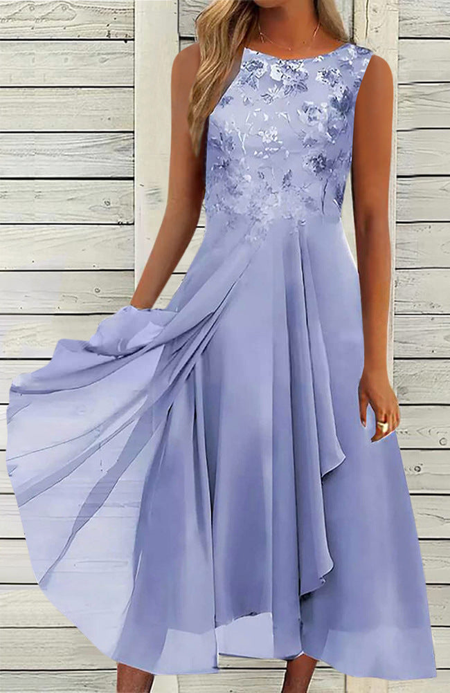 Damen nan ärmelloses Chiffon-Midikleid mit bestickter Brustpartie und asymmetrischem Lagenrock Drune