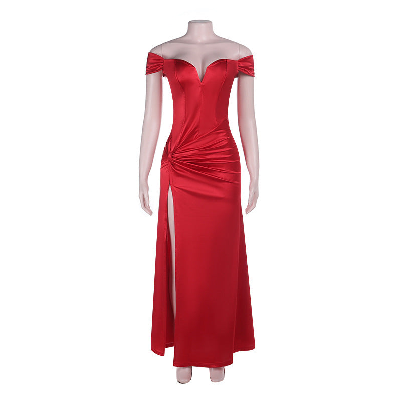 Damen elegantes Abendkleid mit schulterfreiem Design und hohem Schlitz Drune