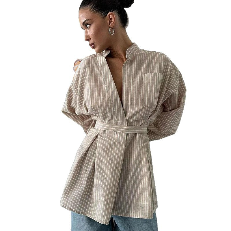 Damen Moderner Wrap-Blusenstil mit Gürtel und Vertikalen Streifen Drune