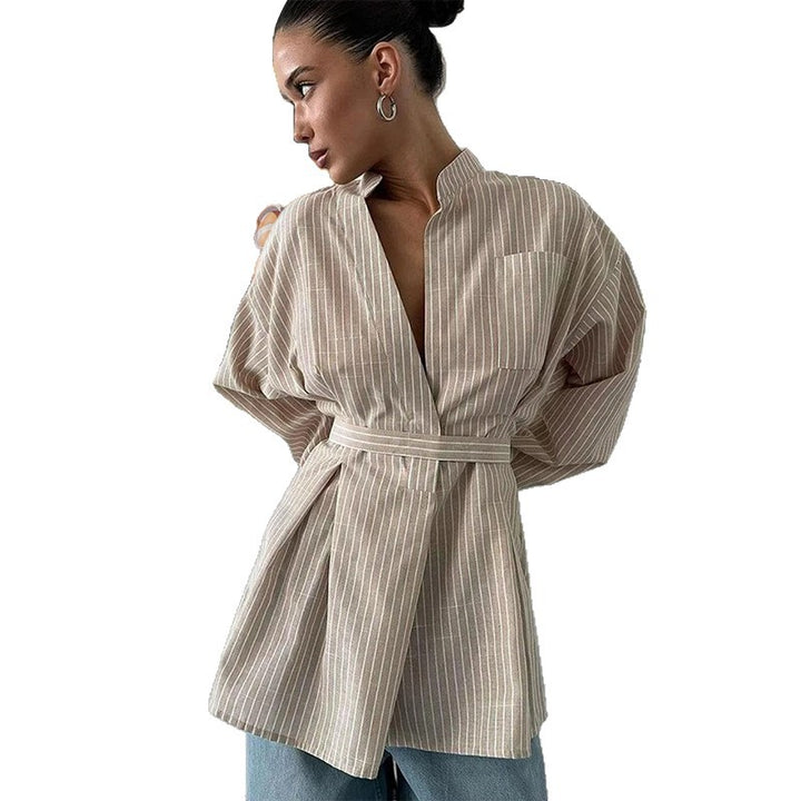 Damen Moderner Wrap-Blusenstil mit Gürtel und Vertikalen Streifen Drune