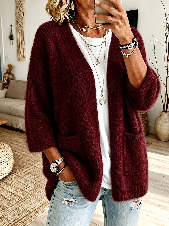 Damen Offener Longcardigan im Mohair-Look mit aufgesetzten Taschen und überschnittener Schulter Drune