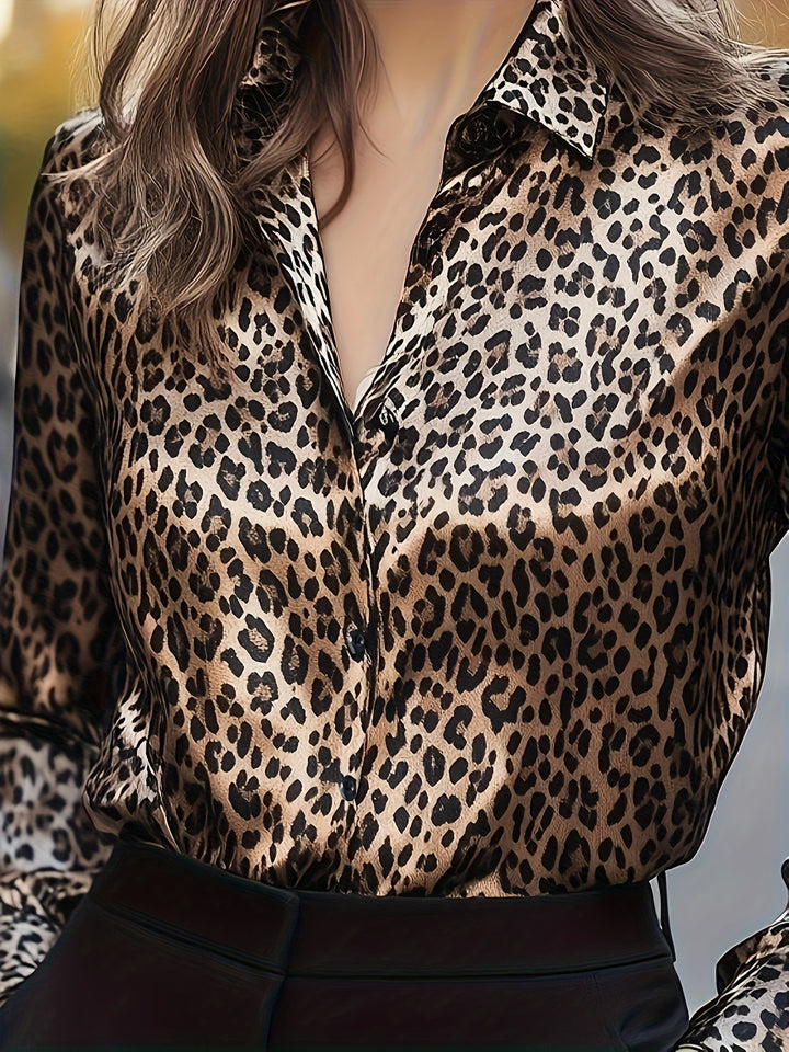 Damen Edle Satinbluse mit Leo-Muster und schlankem Schnitt Drune