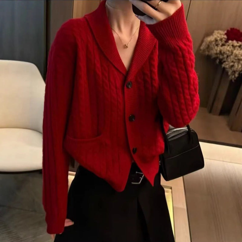 Damen Strickjacke mit doppeltem Kragen und praktischen Taschen Drune