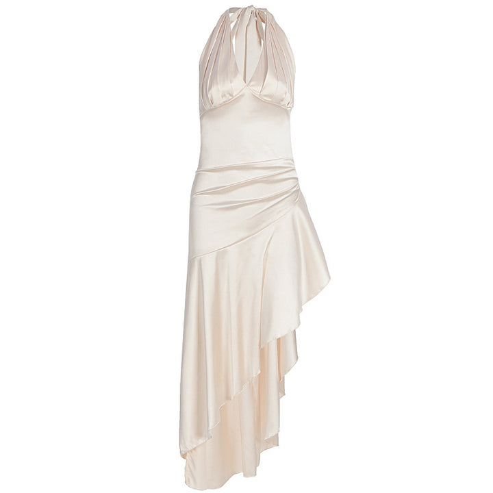 Damen elegantes Wickelkleid mit asymmetrischem Schnitt und Halterhals Drune