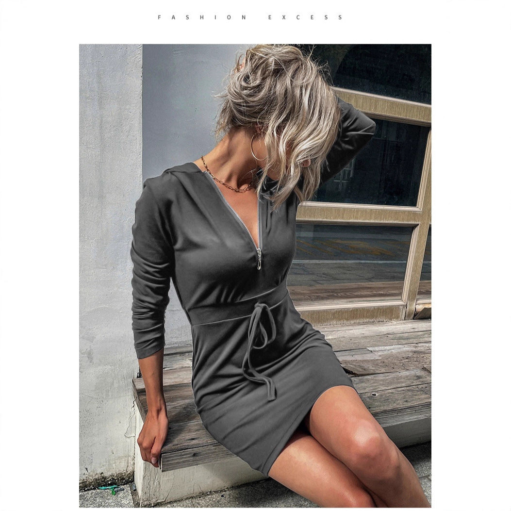 Damen sportliches Kleid mit Reißverschluss und regulierbarem Gürtel Drune