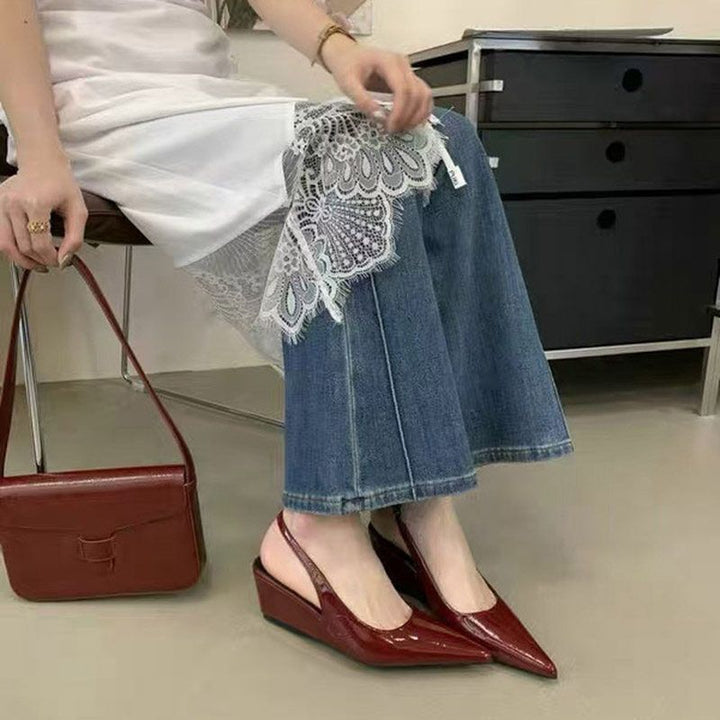 Damen Spitz zulaufende Lack-Slingback-Wedges mit niedrigem Keilabsatz Drune