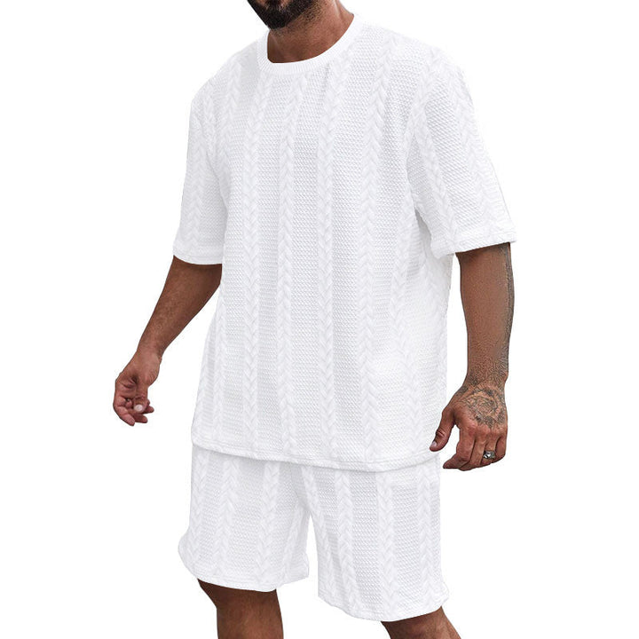 Herren nan entspanntes Zopfstrick-Freizeitset mit weitem Kurzarmshirt und elastischer Bermuda Drune