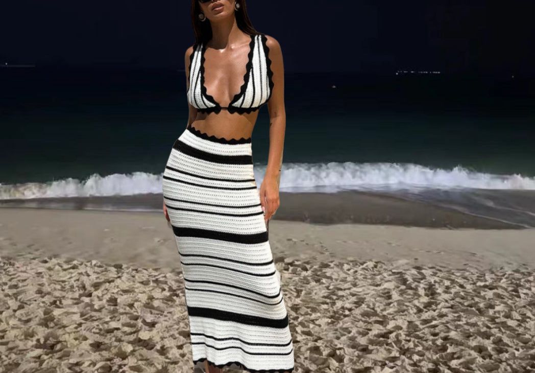 Damen Strick-Bikini-Set mit schickem Wellenmuster und hohem Bund Drune