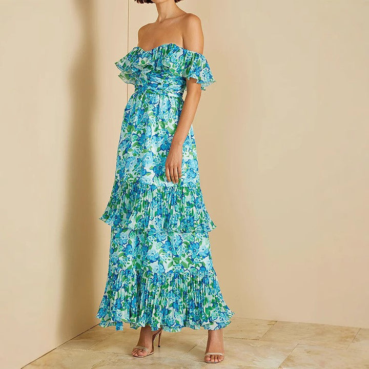 Damen maxi Kleid mit voluminösen Rüschendetails und floralem Design Drune