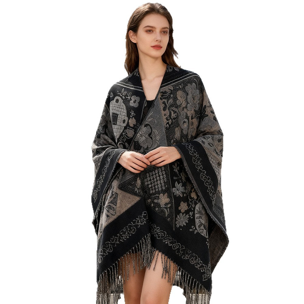Damen Jacquard-Poncho mit Boho-Patchwork-Muster und Fransensaum Drune