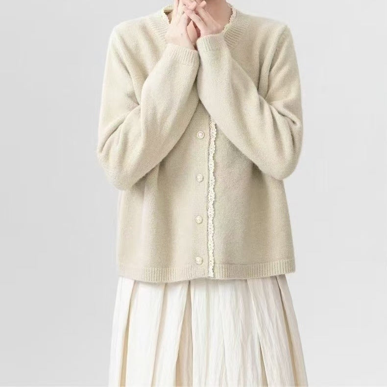 Damen Flauschiger Strickcardigan mit Spitzenverzierung Drune