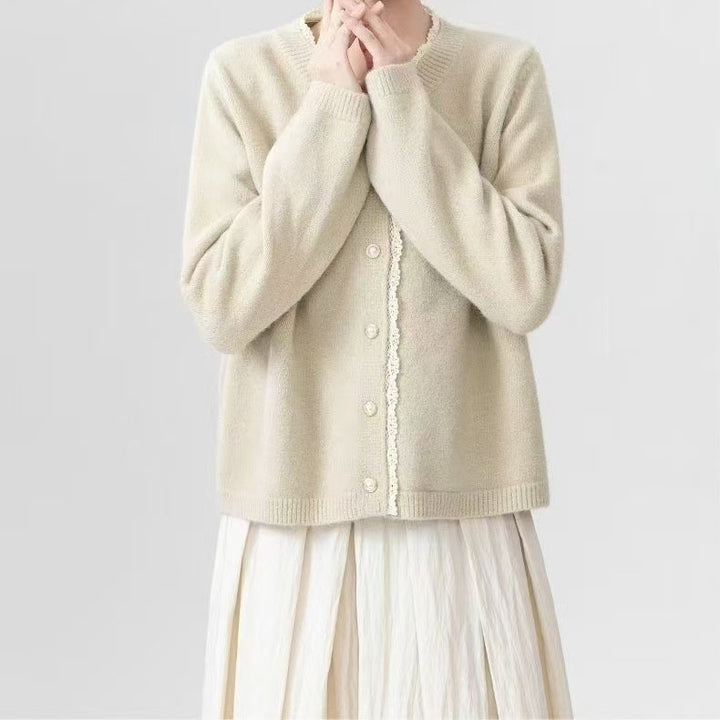 Damen Flauschiger Strickcardigan mit Spitzenverzierung Drune