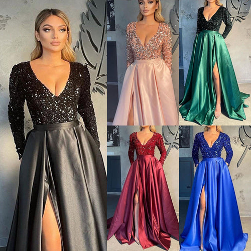 Damen Glamouröses Abendkleid mit tiefem V-Ausschnitt und schimmernden Pailletten Drune