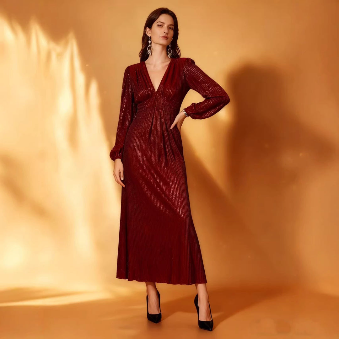 Damen Elegantes Abendkleid mit funkelndem Stoff und tiefem V-Ausschnitt Drune