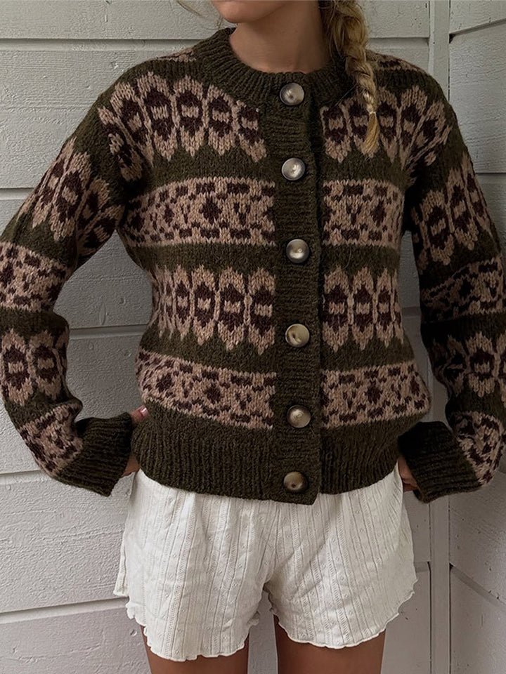 Damen Norwegermuster-Strickjacke mit Knopfleiste und geripptem Saum Drune