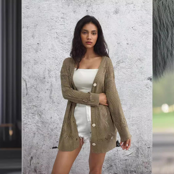 Damen Strickjacke mit luftiger Lochmusterung und schönen Knöpfen Drune