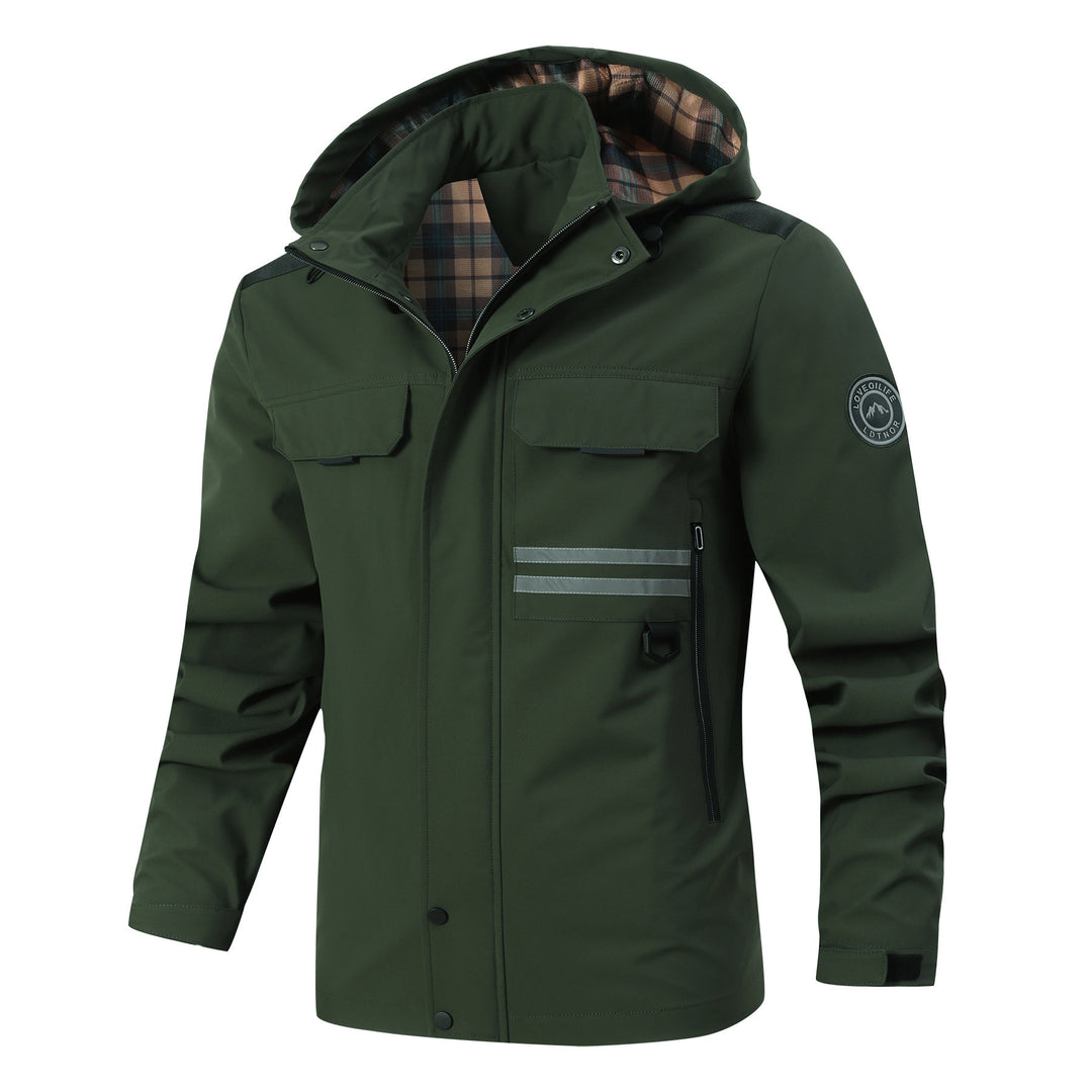 Herren Wasserabweisender Softshell-Parka mit Kapuze, reflektierenden Einsätzen und Multifunktionstaschen Drune