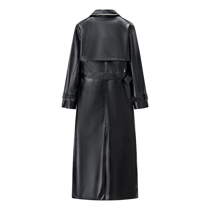 Damen Langer Trenchcoat aus Lederoptik mit Bindegürtel und Epauletten Drune