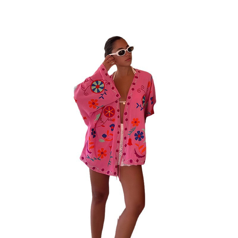 Damen Strandkimono mit buntem Blumenmuster und lässigem Schnitt Drune