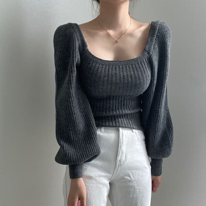 Damen Cropped Pullover mit voluminösen Ärmeln und Rippstruktur Drune