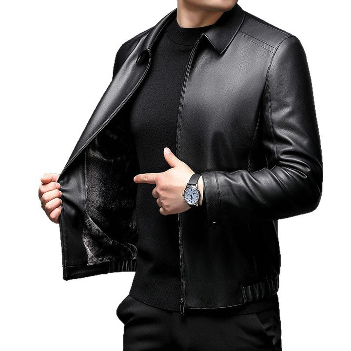Herren Glattes Lederimitatjacke mit verdecktem Reißverschluss und Hemdkragen Drune