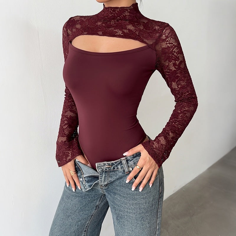 Damen Elegantes Spitzenoberteil mit Y-Ausschnitt und Volantärmeln Drune